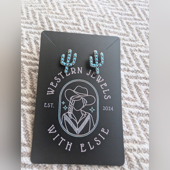 Western Stud Turquoise Cactus Earrings - Picture 1 of 6